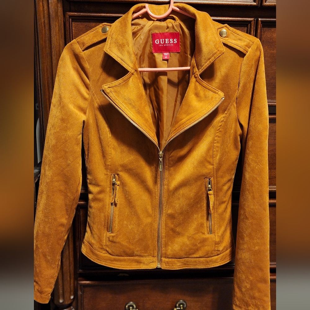 Guess Faux Suede Jacket XS Cognac/Mustard Yellow Excellent Condition